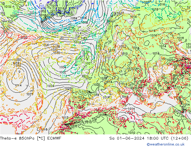 Theta-e 850hPa ECMWF Sa 01.06.2024 18 UTC