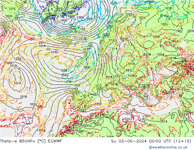 Theta-e 850hPa ECMWF Ne 02.06.2024 00 UTC