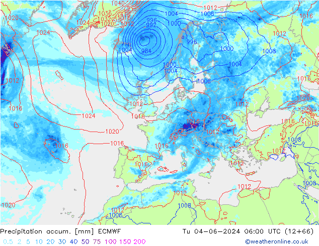 Precipitation accum. ECMWF Út 04.06.2024 06 UTC