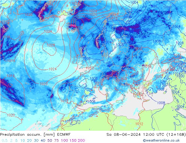 Precipitation accum. ECMWF sab 08.06.2024 12 UTC