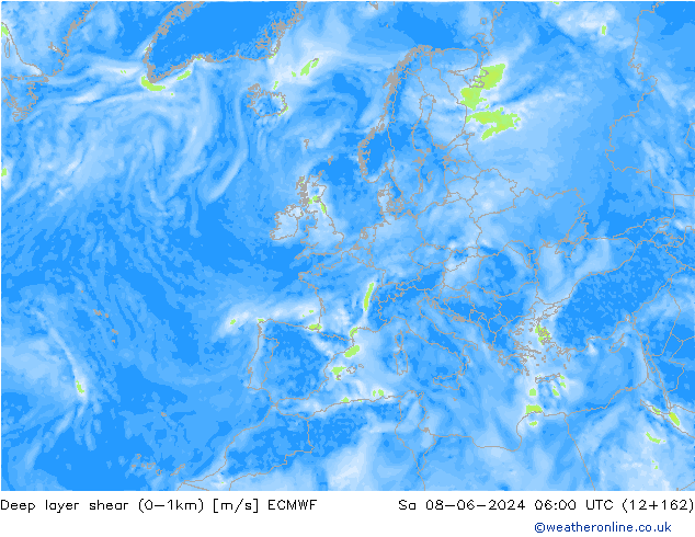 Deep layer shear (0-1km) ECMWF za 08.06.2024 06 UTC