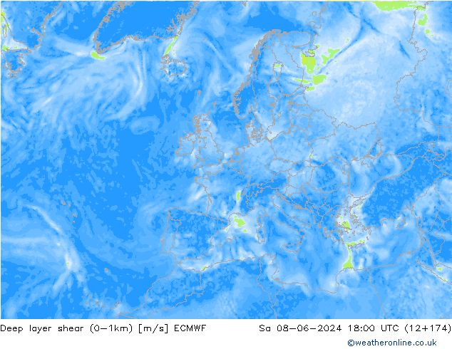 Deep layer shear (0-1km) ECMWF  08.06.2024 18 UTC