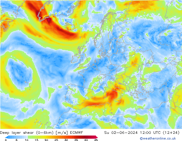 Deep layer shear (0-6km) ECMWF Paz 02.06.2024 12 UTC