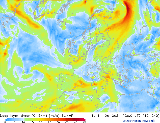 Deep layer shear (0-6km) ECMWF mar 11.06.2024 12 UTC