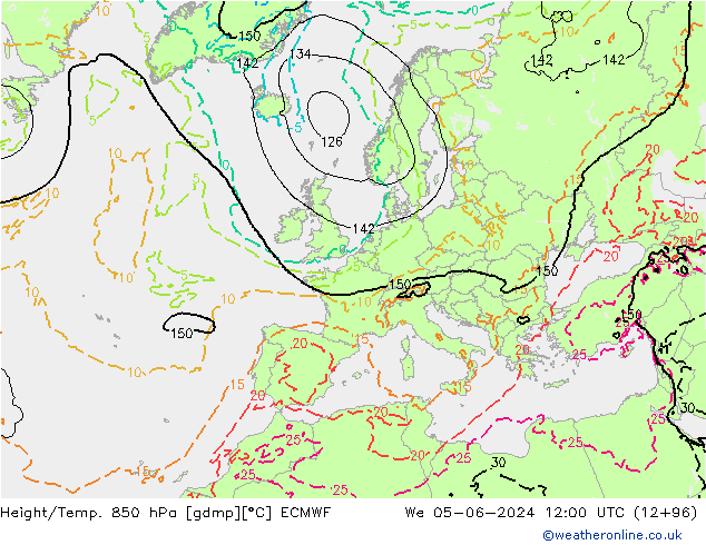 Geop./Temp. 850 hPa ECMWF mié 05.06.2024 12 UTC