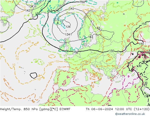 Height/Temp. 850 hPa ECMWF Th 06.06.2024 12 UTC