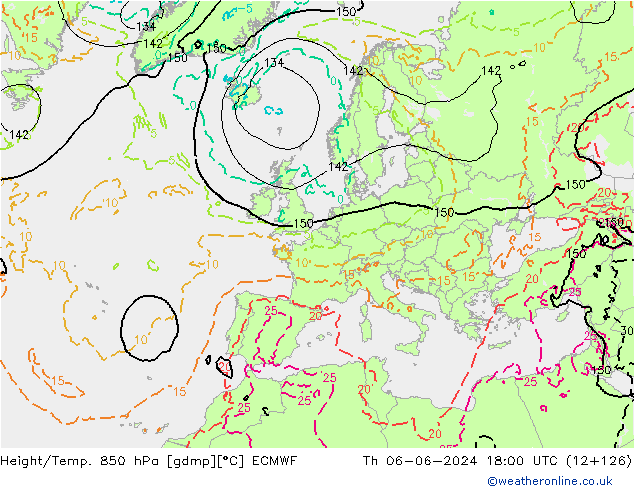 Height/Temp. 850 hPa ECMWF Th 06.06.2024 18 UTC