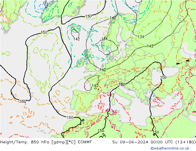 Z500/Yağmur (+YB)/Z850 ECMWF Paz 09.06.2024 00 UTC