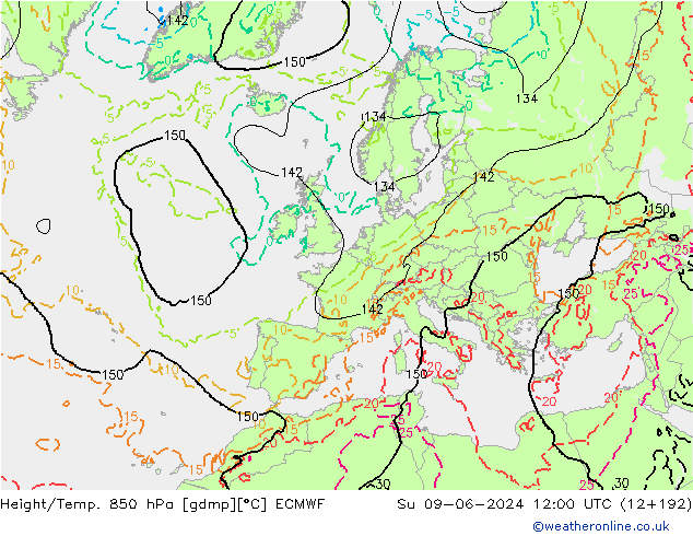 Z500/Rain (+SLP)/Z850 ECMWF Su 09.06.2024 12 UTC