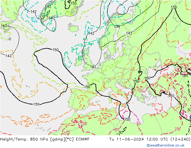 Height/Temp. 850 hPa ECMWF Út 11.06.2024 12 UTC