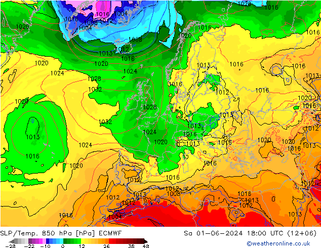 SLP/Temp. 850 hPa ECMWF sáb 01.06.2024 18 UTC