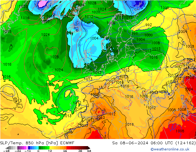 SLP/Temp. 850 hPa ECMWF so. 08.06.2024 06 UTC