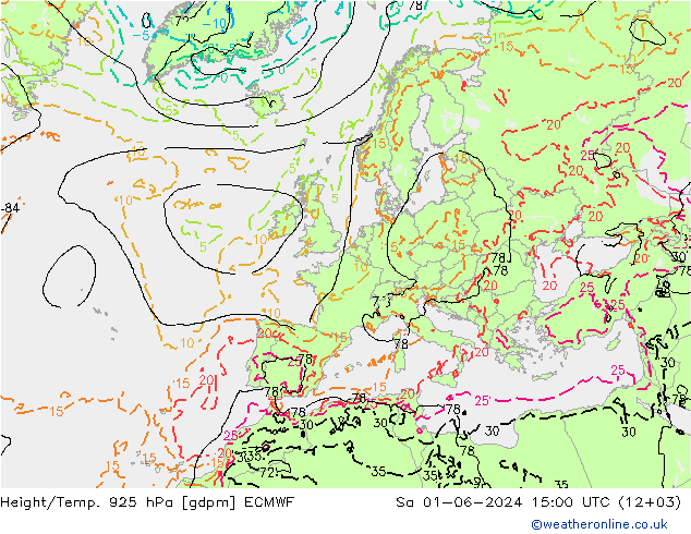 Height/Temp. 925 hPa ECMWF Sa 01.06.2024 15 UTC