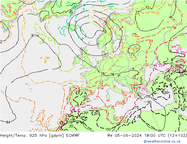 Height/Temp. 925 hPa ECMWF We 05.06.2024 18 UTC