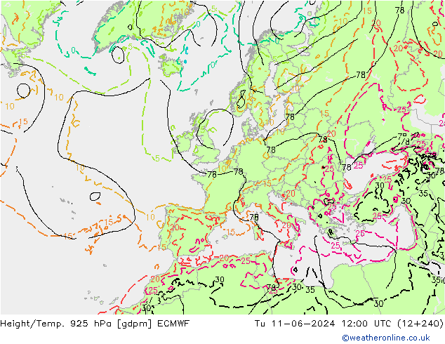 Height/Temp. 925 hPa ECMWF Út 11.06.2024 12 UTC