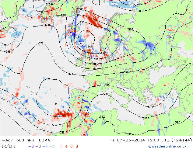 T-Adv. 500 hPa ECMWF Fr 07.06.2024 12 UTC