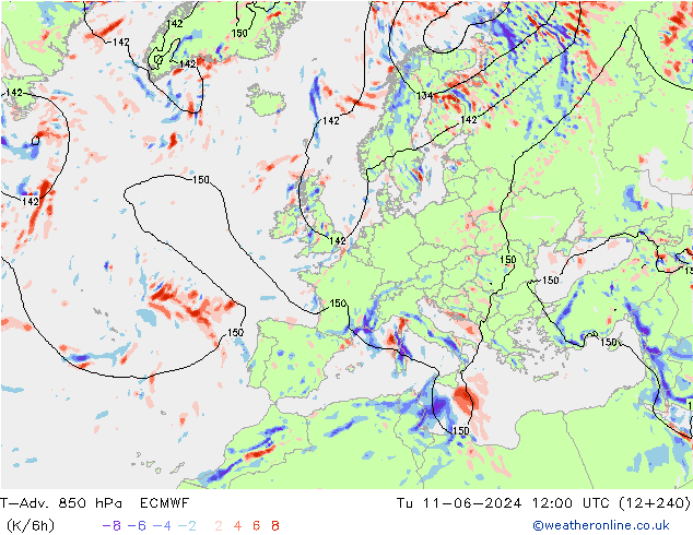 T-Adv. 850 hPa ECMWF Út 11.06.2024 12 UTC