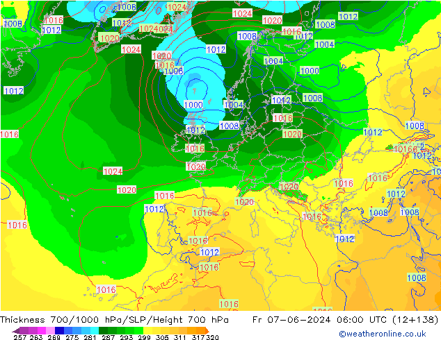 Espesor 700-1000 hPa ECMWF vie 07.06.2024 06 UTC