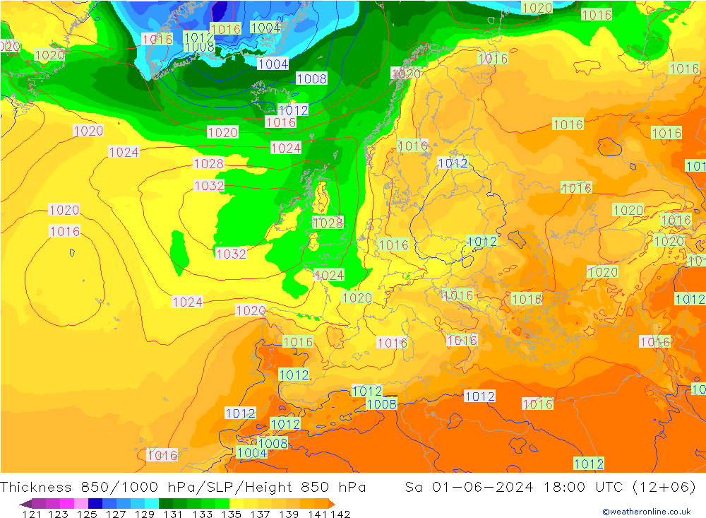 Thck 850-1000 гПа ECMWF сб 01.06.2024 18 UTC