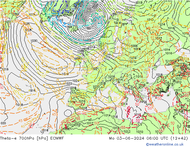 Theta-e 700hPa ECMWF Mo 03.06.2024 06 UTC