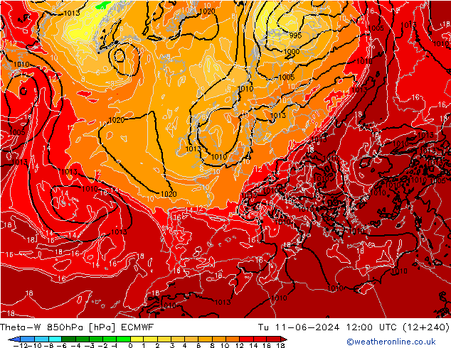 Theta-W 850hPa ECMWF Ter 11.06.2024 12 UTC