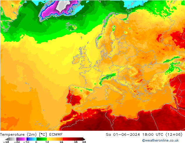 Temperatura (2m) ECMWF sáb 01.06.2024 18 UTC
