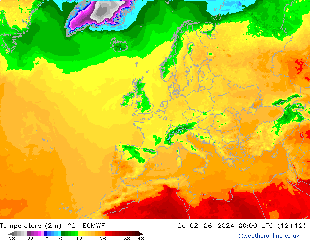 Temperatuurkaart (2m) ECMWF zo 02.06.2024 00 UTC