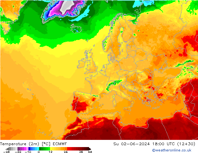 Temperatura (2m) ECMWF dom 02.06.2024 18 UTC