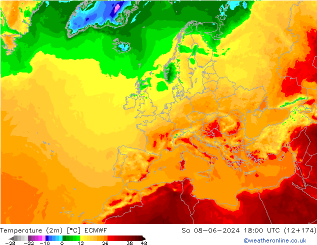 Temperatuurkaart (2m) ECMWF za 08.06.2024 18 UTC