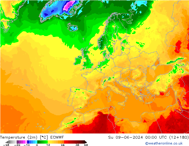 Temperatura (2m) ECMWF dom 09.06.2024 00 UTC
