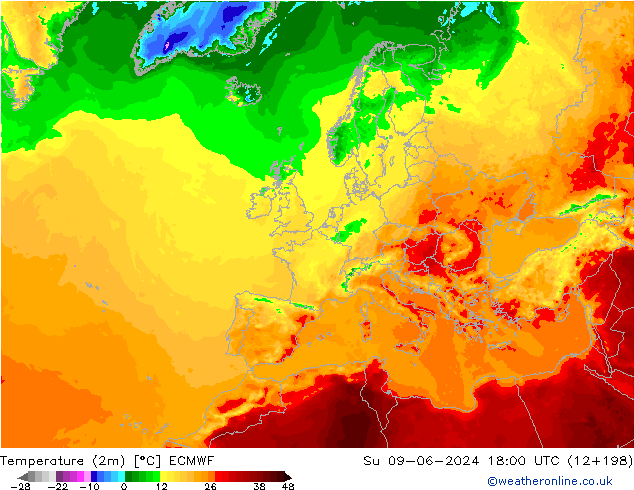 mapa temperatury (2m) ECMWF nie. 09.06.2024 18 UTC