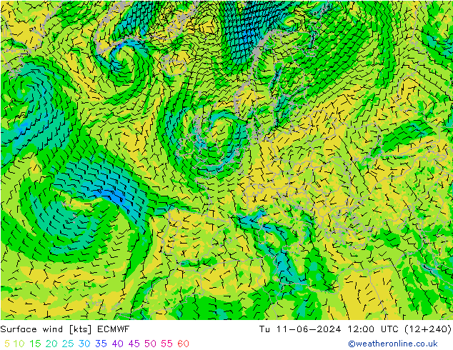 Surface wind ECMWF Út 11.06.2024 12 UTC