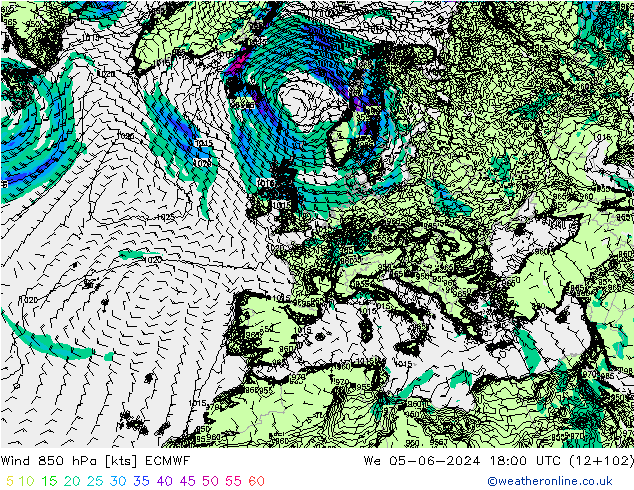 Vento 850 hPa ECMWF mer 05.06.2024 18 UTC