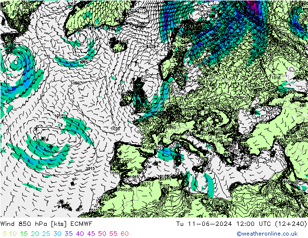 Rüzgar 850 hPa ECMWF Sa 11.06.2024 12 UTC