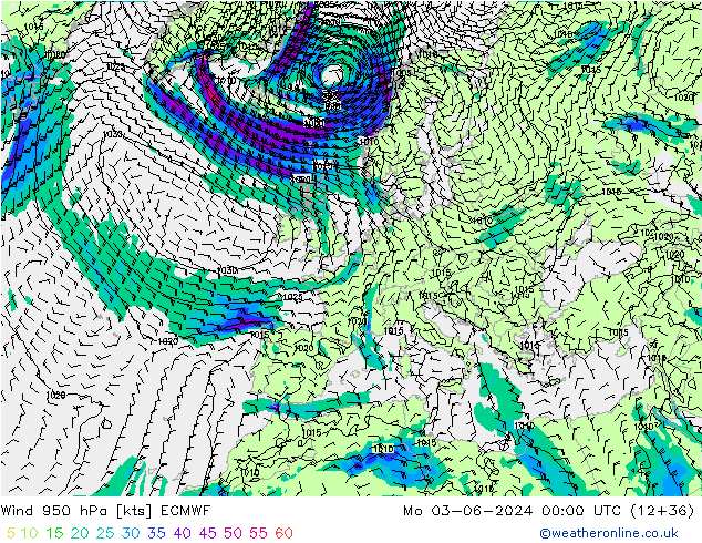 Rüzgar 950 hPa ECMWF Pzt 03.06.2024 00 UTC