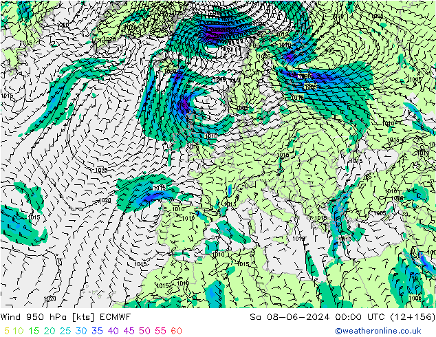 wiatr 950 hPa ECMWF so. 08.06.2024 00 UTC