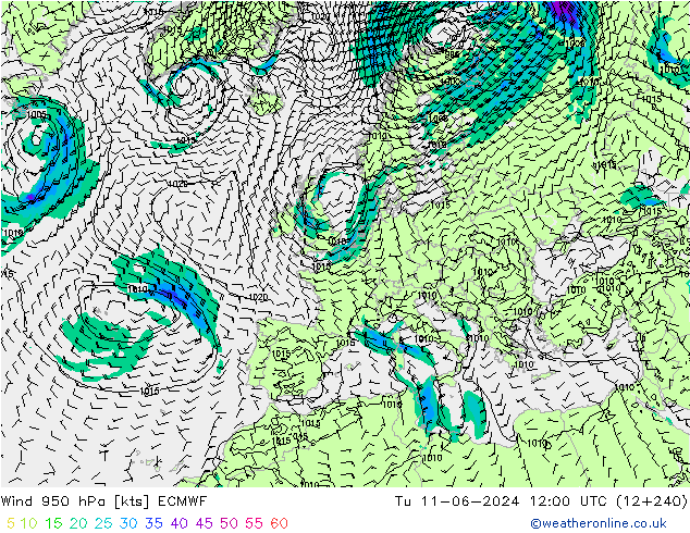 wiatr 950 hPa ECMWF wto. 11.06.2024 12 UTC