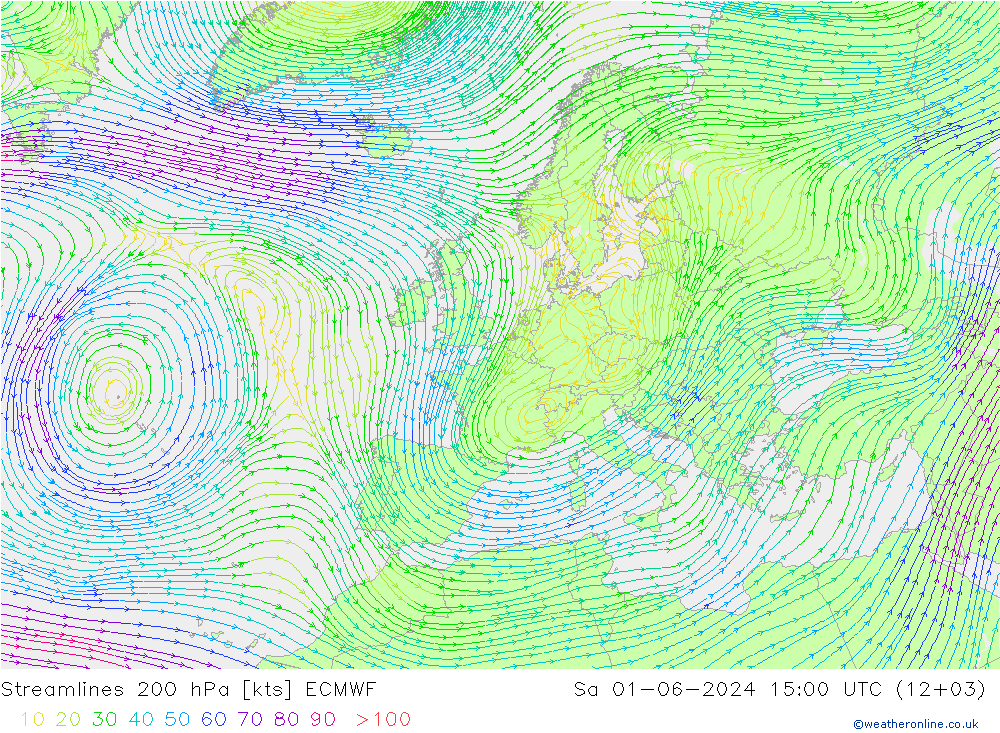 Streamlines 200 hPa ECMWF Sa 01.06.2024 15 UTC