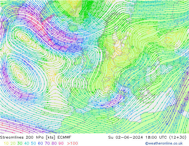 Linia prądu 200 hPa ECMWF nie. 02.06.2024 18 UTC