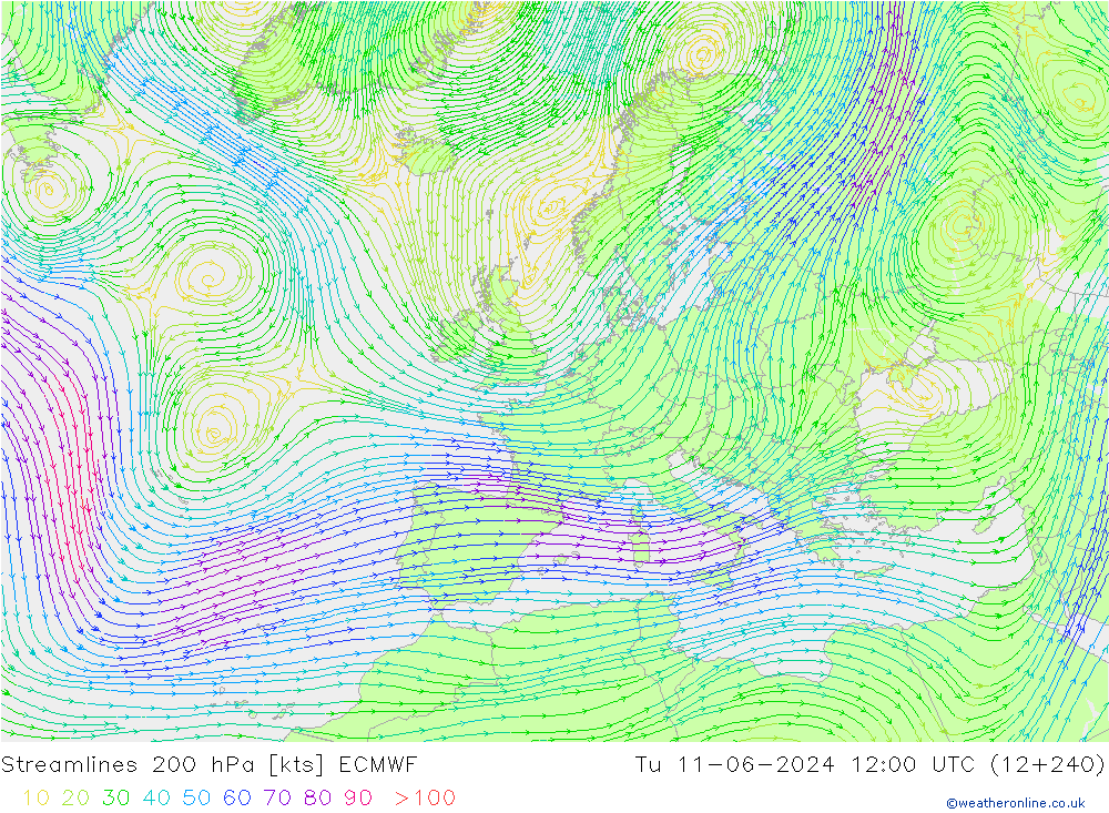Ligne de courant 200 hPa ECMWF mar 11.06.2024 12 UTC
