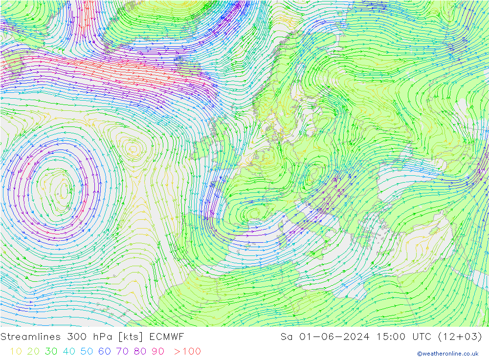 Linea di flusso 300 hPa ECMWF sab 01.06.2024 15 UTC