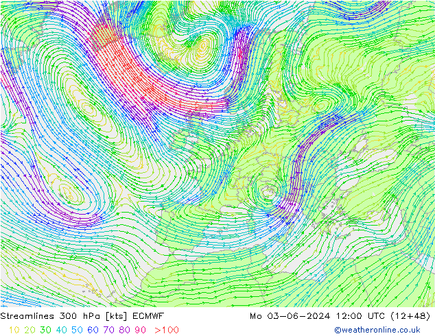 Linea di flusso 300 hPa ECMWF lun 03.06.2024 12 UTC