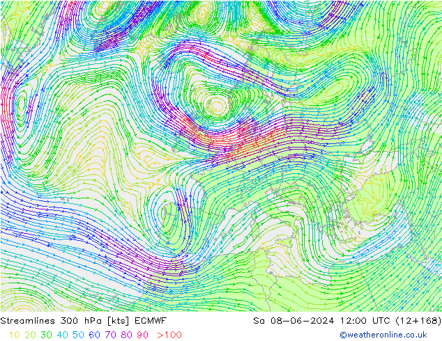 Linia prądu 300 hPa ECMWF so. 08.06.2024 12 UTC