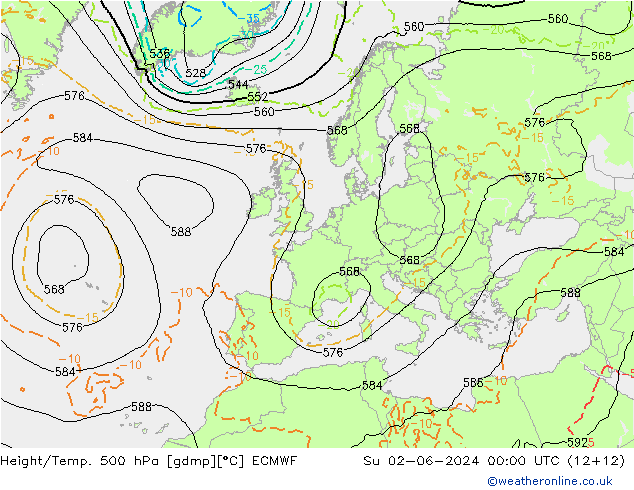Z500/Yağmur (+YB)/Z850 ECMWF Paz 02.06.2024 00 UTC