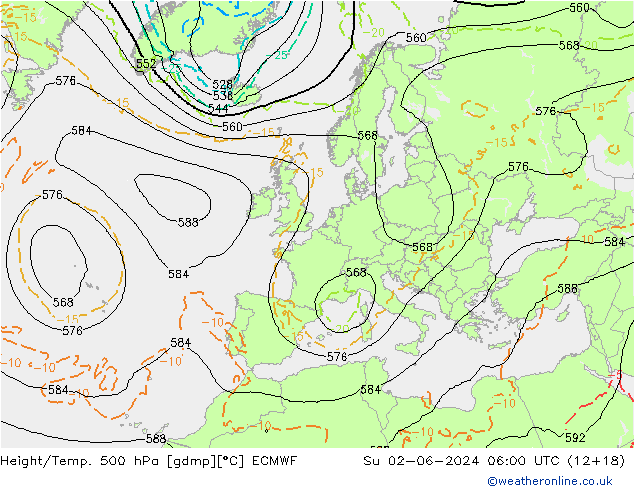 Hoogte/Temp. 500 hPa ECMWF zo 02.06.2024 06 UTC