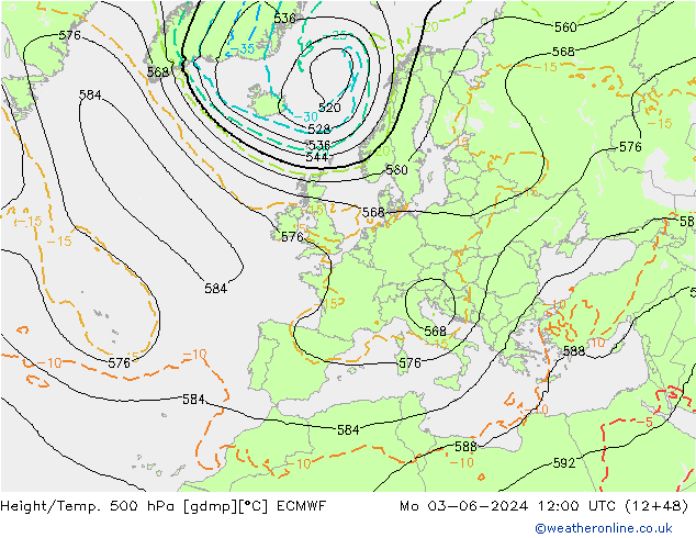Z500/Rain (+SLP)/Z850 ECMWF Po 03.06.2024 12 UTC