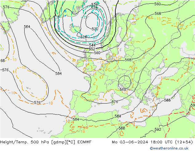 Z500/Rain (+SLP)/Z850 ECMWF Mo 03.06.2024 18 UTC