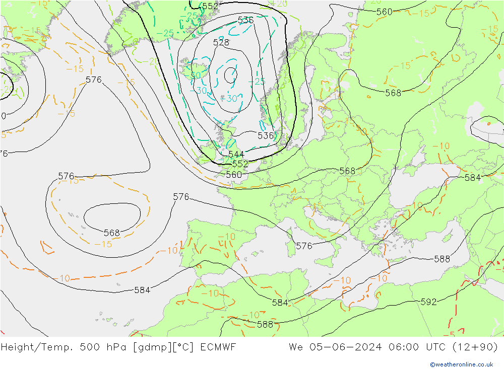 Height/Temp. 500 hPa ECMWF śro. 05.06.2024 06 UTC