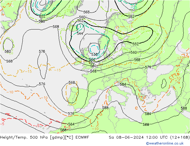 Height/Temp. 500 hPa ECMWF So 08.06.2024 12 UTC