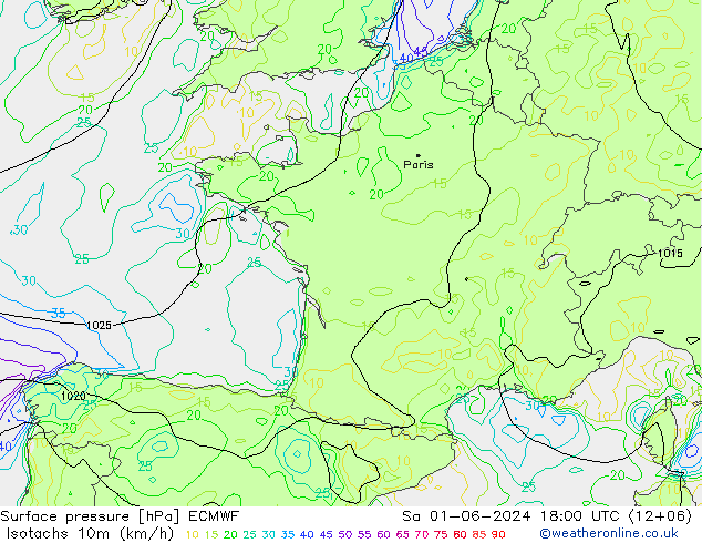 Isotachen (km/h) ECMWF Sa 01.06.2024 18 UTC